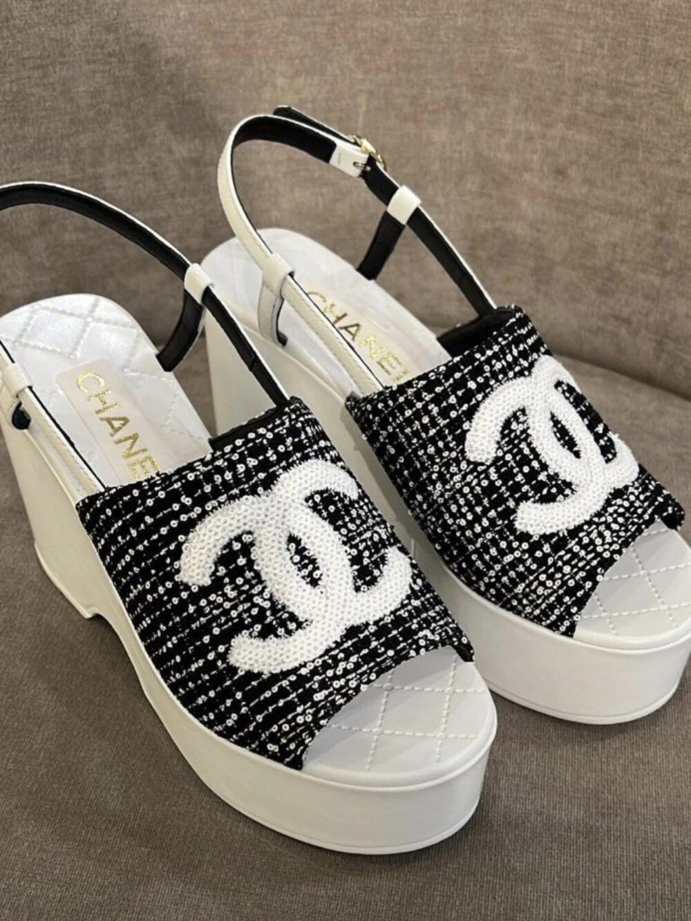 Chanel Tweed Logo Strap Wedge Heel Sandals,